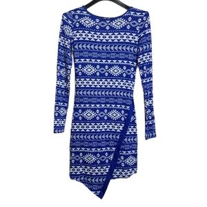 Planet Gold Blue White Ikat Tribal Print Dress XS